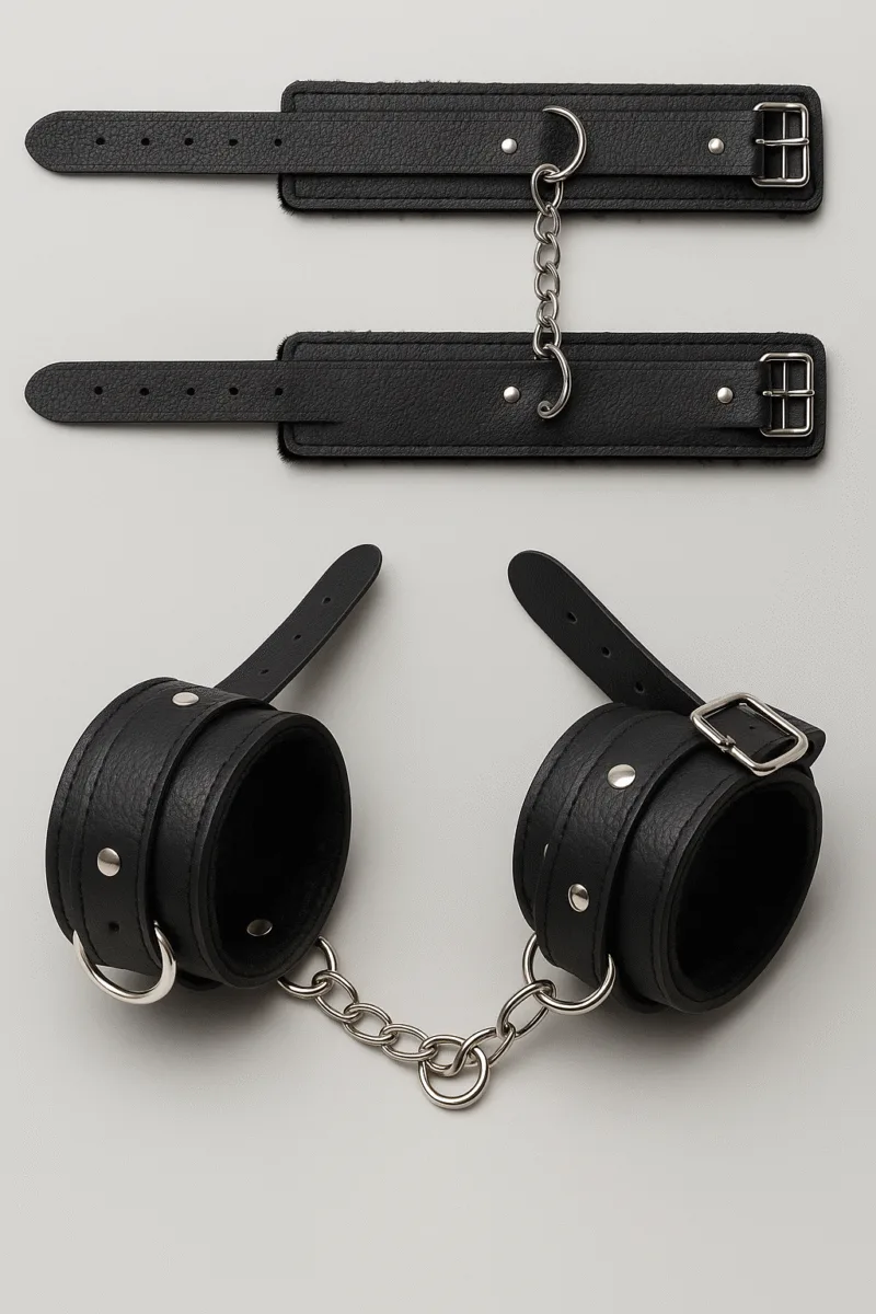 Kit Sado 3 articulos - Latigo de cuero -Esposas - Antifaz Ciego